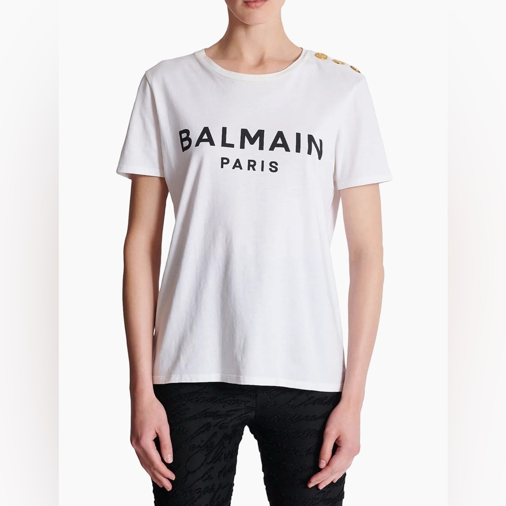 Balmain Gold Button Embellished Logo T-Shirt in White Authentic.